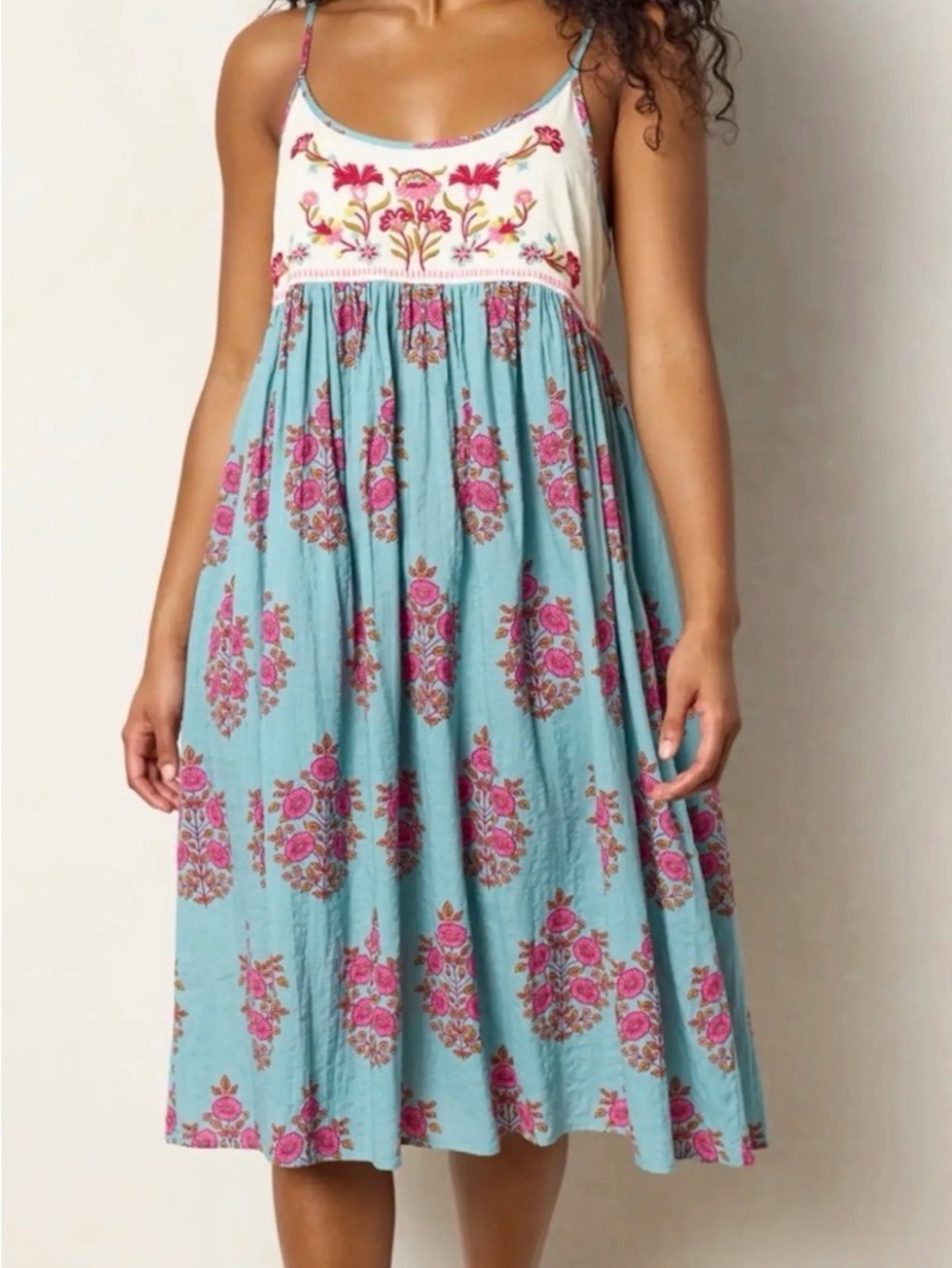 NATURAL LIFE Light Blue Midi Dress with Pink Floral Embroidery